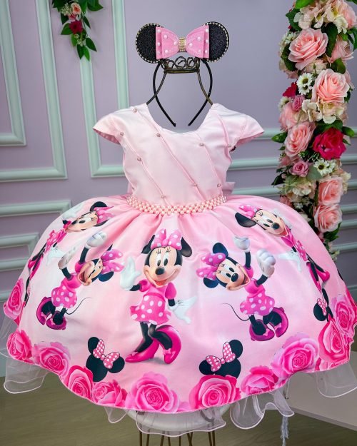 Vestido Infantil Temáticos Minnie Minie Rosa