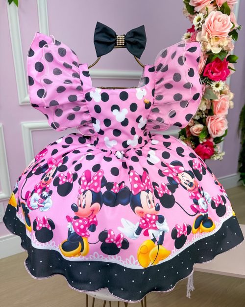 Vestido Temáticos Kids Minnie/Minie Rosa Com Preto