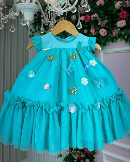 Vestido Vila Lele Jardim das Borboletas Baby Liz Verde Tiffany