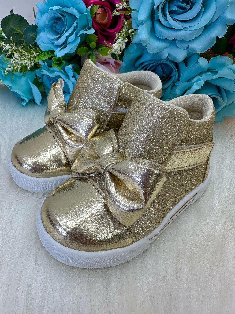 Tênis Bota Encanto de Criança Lacinho Dourado Glitter Rebeca