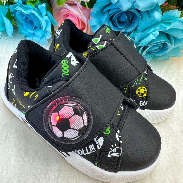 Tênis Encanto de Criança Gol/Futebol/Bola com Led Preto
