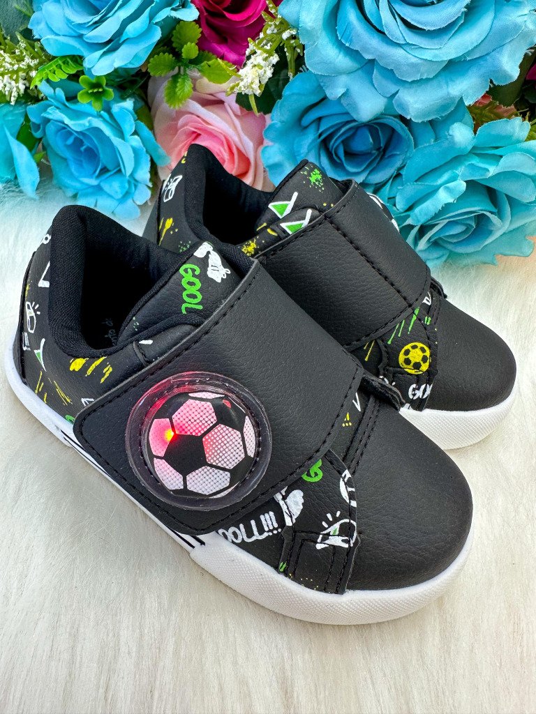 Tênis Encanto de Criança Gol/Futebol/Bola com Led Preto