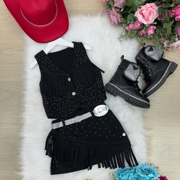 Conjunto Blogueirinha Boiadeira Maraisa Jeans Preto