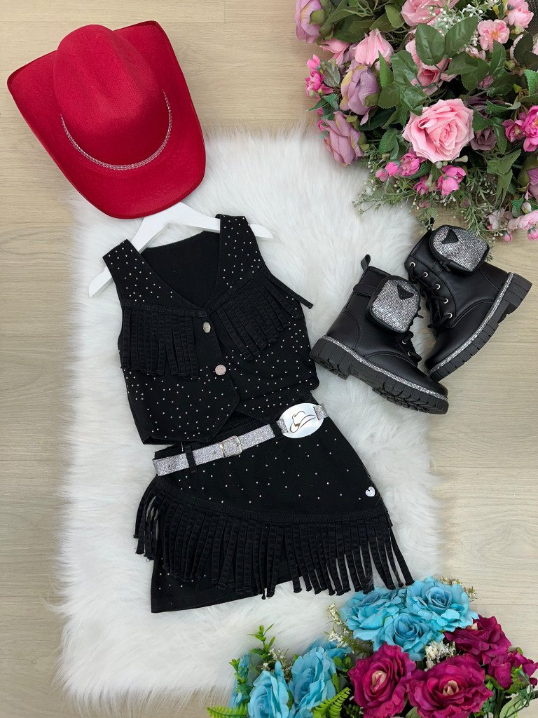 Conjunto Blogueirinha Boiadeira Maraisa Jeans Preto