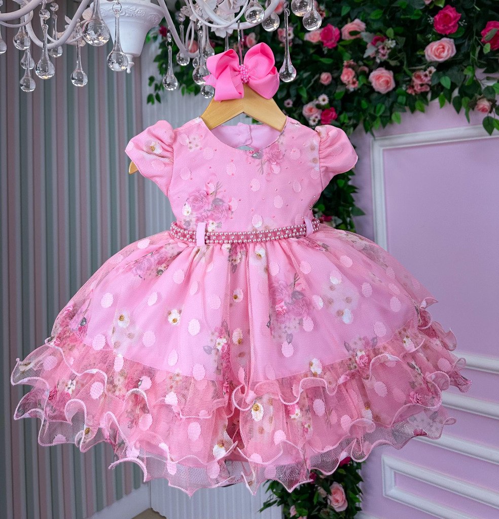 Vestido Menina Bonita Jennifer Renda Florida Rosa