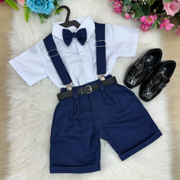 Conjunto Miss Cherry Meninos Social Shorts Ravi Azul Marinho