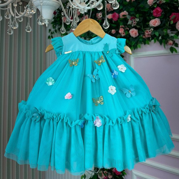Vestido Vila Lele Jardim das Borboletas Baby Liz Verde Tiffany