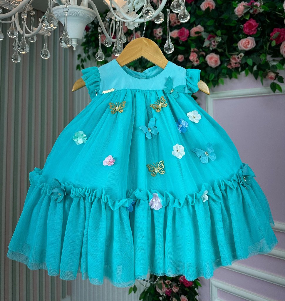 Vestido Vila Lele Jardim das Borboletas Baby Liz Verde Tiffany